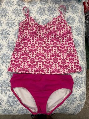 Lands' End Pink Patterned Tankini Top with Solid Pink Briefs